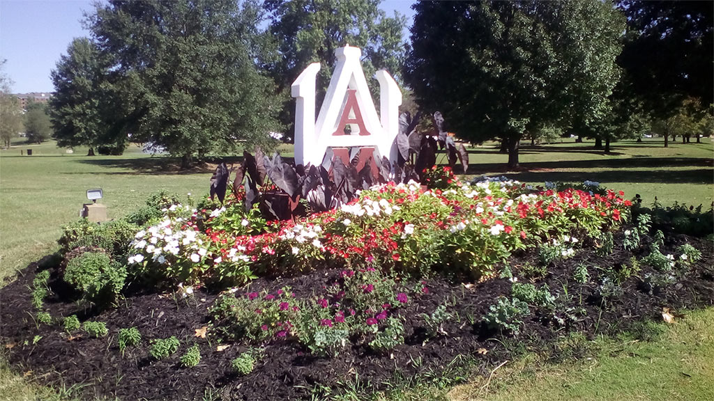 AAMU statue in flowerbed