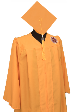 A photo of the golden graduate cap and gown.