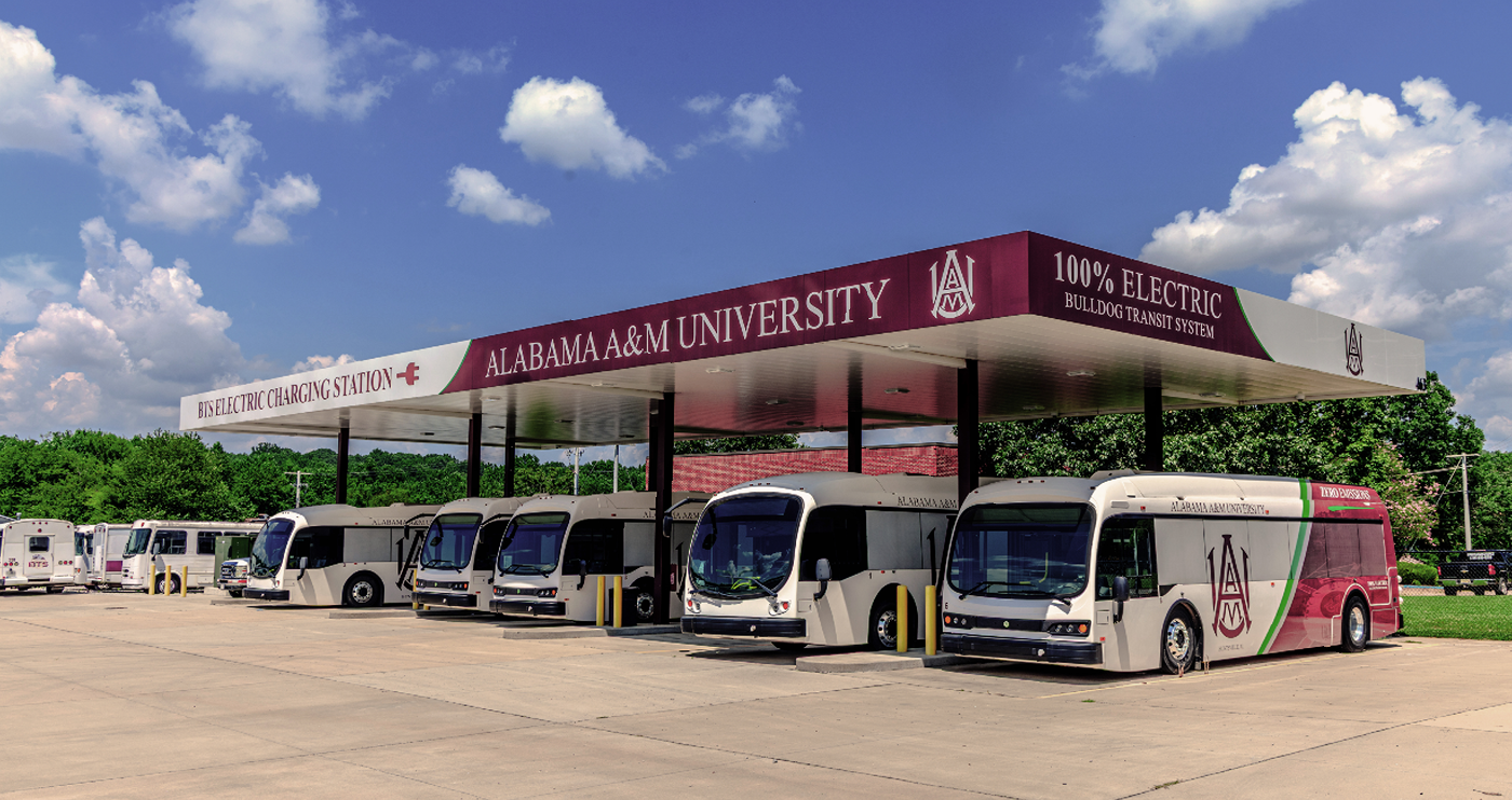Alabama A&M University’s electric buses line up at the Bulldog Transit System charging facility. The University is partnering with Camber Charging to expand charging capacity and support its transition to a fully zero-emission transit fleet.