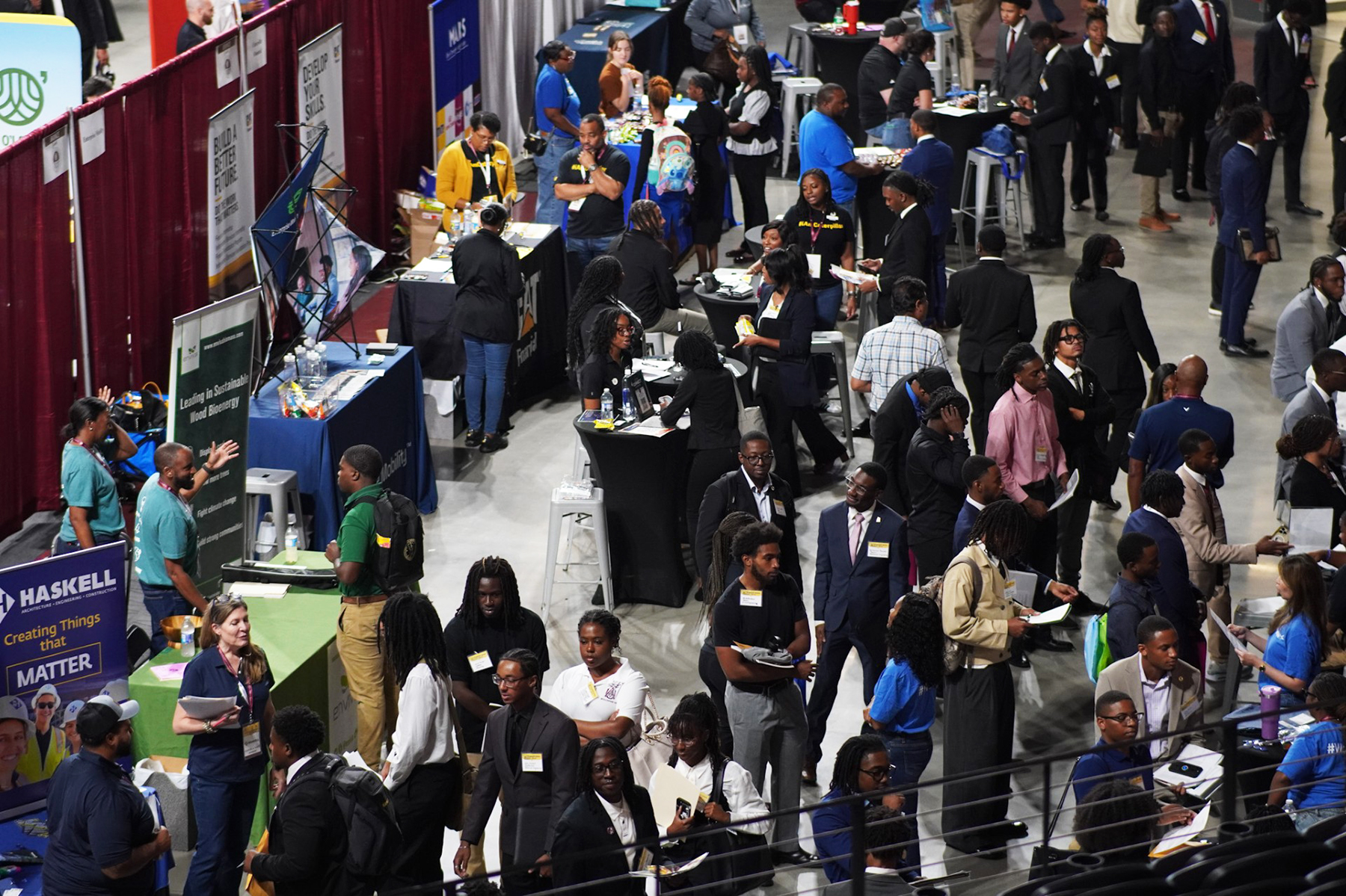 Students talk to employers during the Spring 2026 Career Fair at the AAMU Event Center.