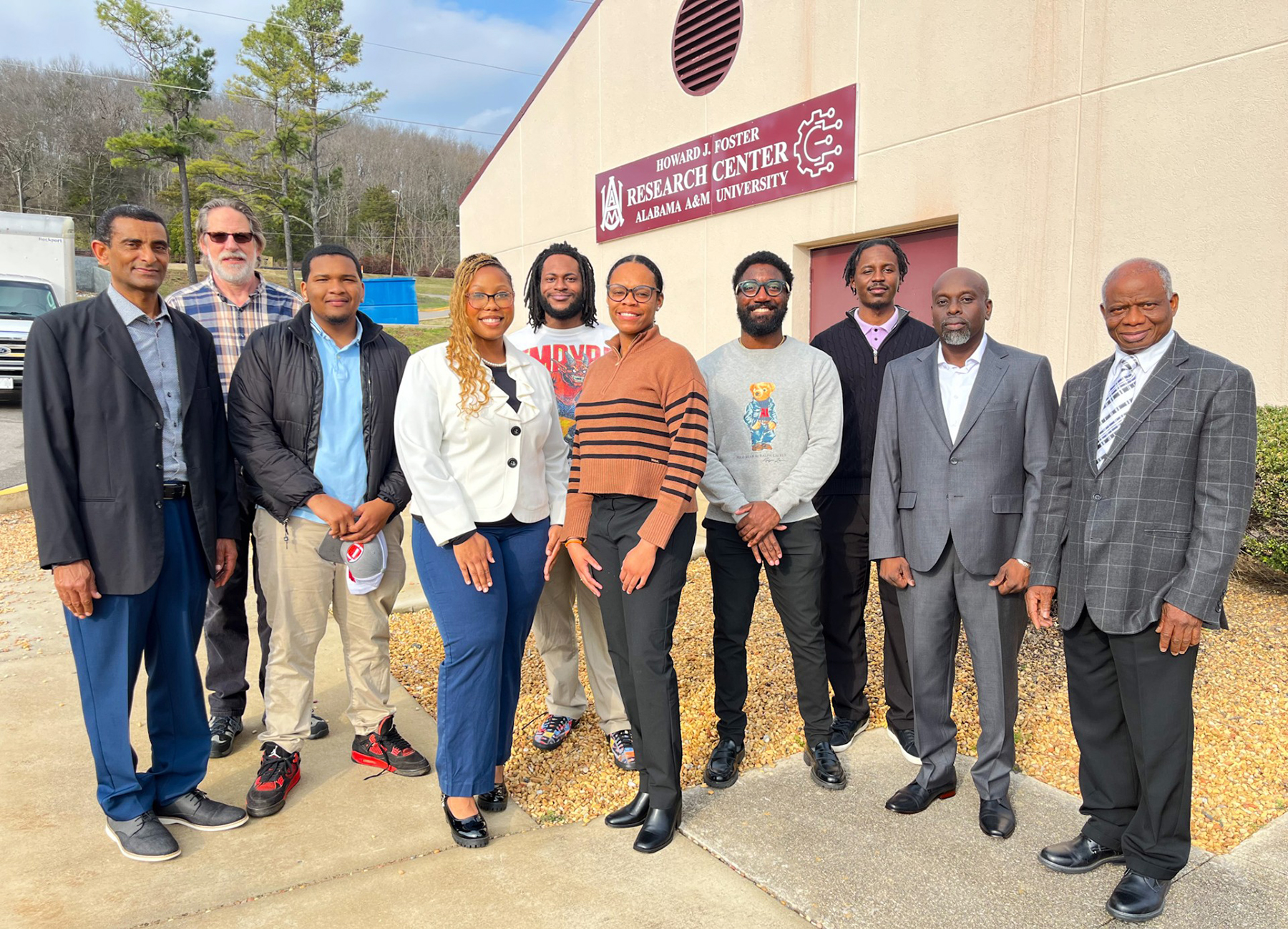 Prof. Aschalew Kassu; Richard Lagle, mechanical engineering; Kermit Booker, graduate student, mechanical engineering; Shanel White, mechanical engineering student; Damari Bender, graduate student, mechanical engineering; Gabrielle Gray, electrical engineering senior; Jalil Rudolph, graduate student, mechanical engineering; Keith Rivers, graduate student, mechanical engineering; and Prof. Michael AyoKanmbi, systems engineering