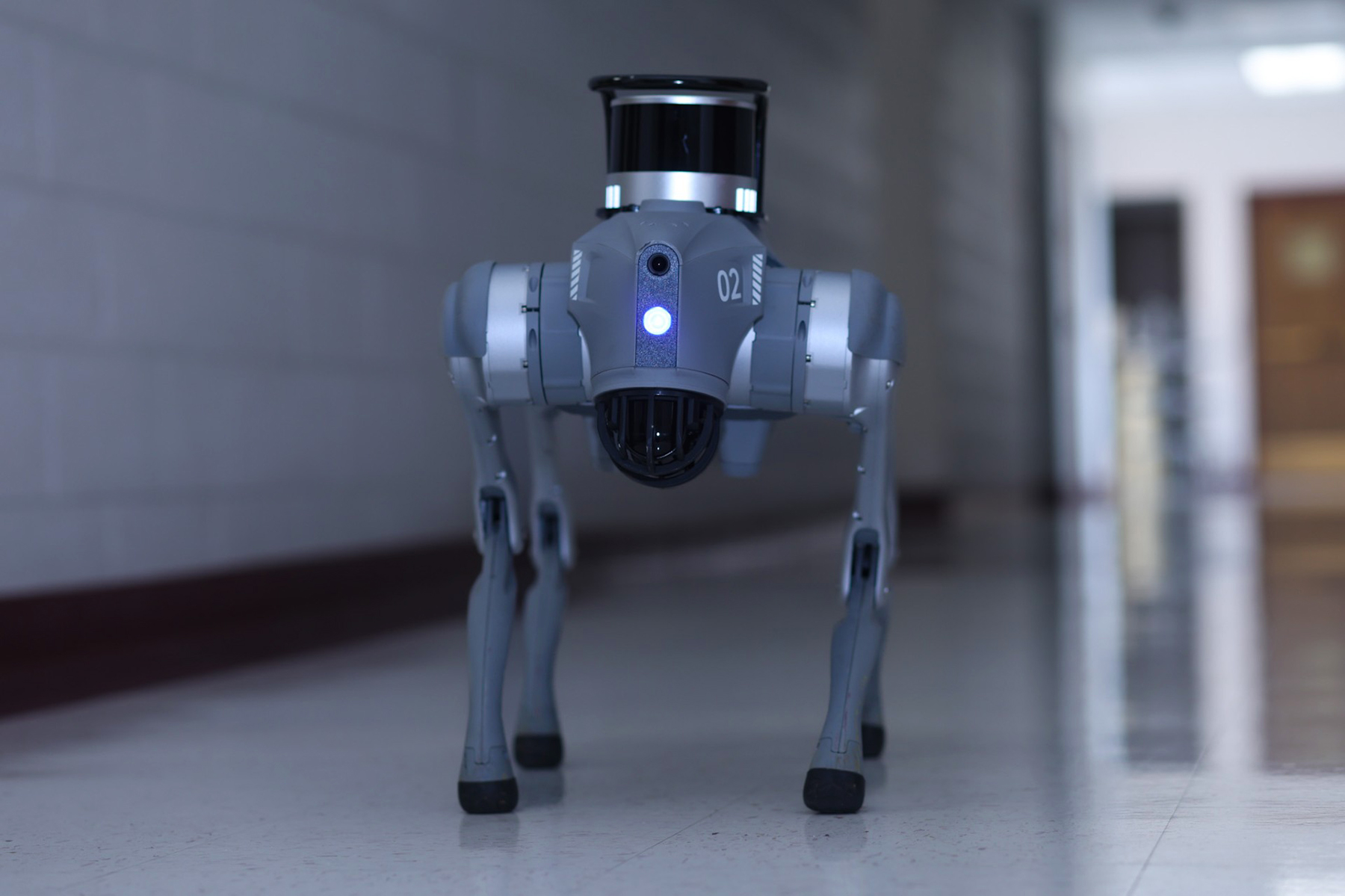 One of AAMU's two robotic dogs E-Butch "Craig" in the hallway of the Bond Engineering Building on campus