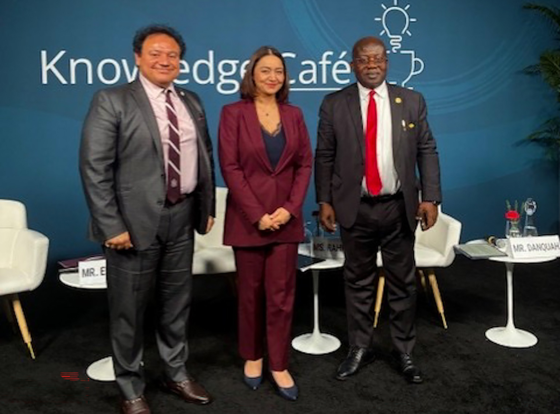 Dr. Majed El-Dweik, Roya Rahmani, Dr. Eric Y. Danquah on stage in D.C.