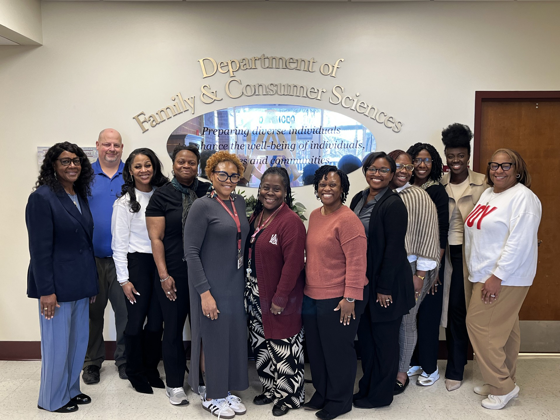 Ethel Jones, associate professor and chair; Brandan Wheeler, HDF coordinator and assistant professor; Kandance Betts-O’Neal, HDF adjunct and associate registrar; Carol Hall, AMD associate professor; Latasha Minor, NHM assistant professor; Ronay Hannah, CDC director and assistant professor; Lenese Vaughner, AGRIFCS project manager; Brittannie Chester, NHM coordinator, DPD director and associate professor; Kristian Hogans, AMD coordinator and assistant professor; Rhona Miller-Cebert, NHM assistant professor and research assistant; Carmi Bobwealth-Omontese, AMD instructor; and Johna Benson, FCS/CDC administrative program assistant.