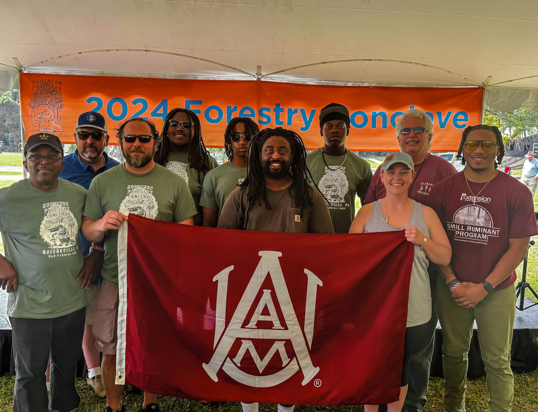 (Photo L-R) Dr. B.K. Robertson, Alabama State University; Dr. Troy Bowman, AAMU; Jeremy Whigham, AAMU Project Forester & FireDawgs Coordinator; Timari Borum, Timari Borum, Freshman from Tuskegee, AL; Jahi Bradford; Bradley Massey; Christian Bolden, Kelsey Hardyman, Dr. William Stone, AAMU Forestry Professor and Christopher Burns