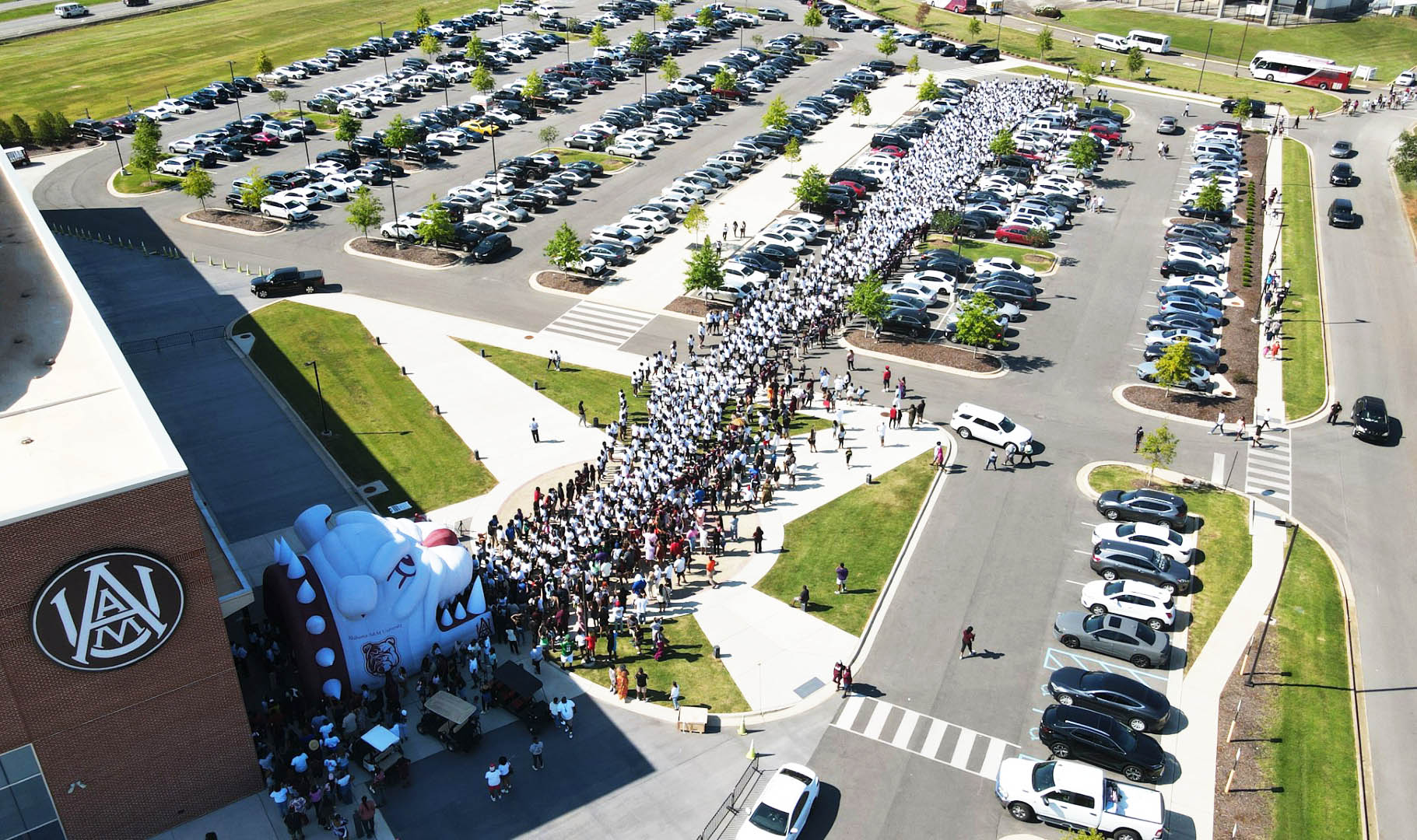 Aerial view of AAMU Freshman lining up outside 2024 Torch Lighting Ceremony at Event Center