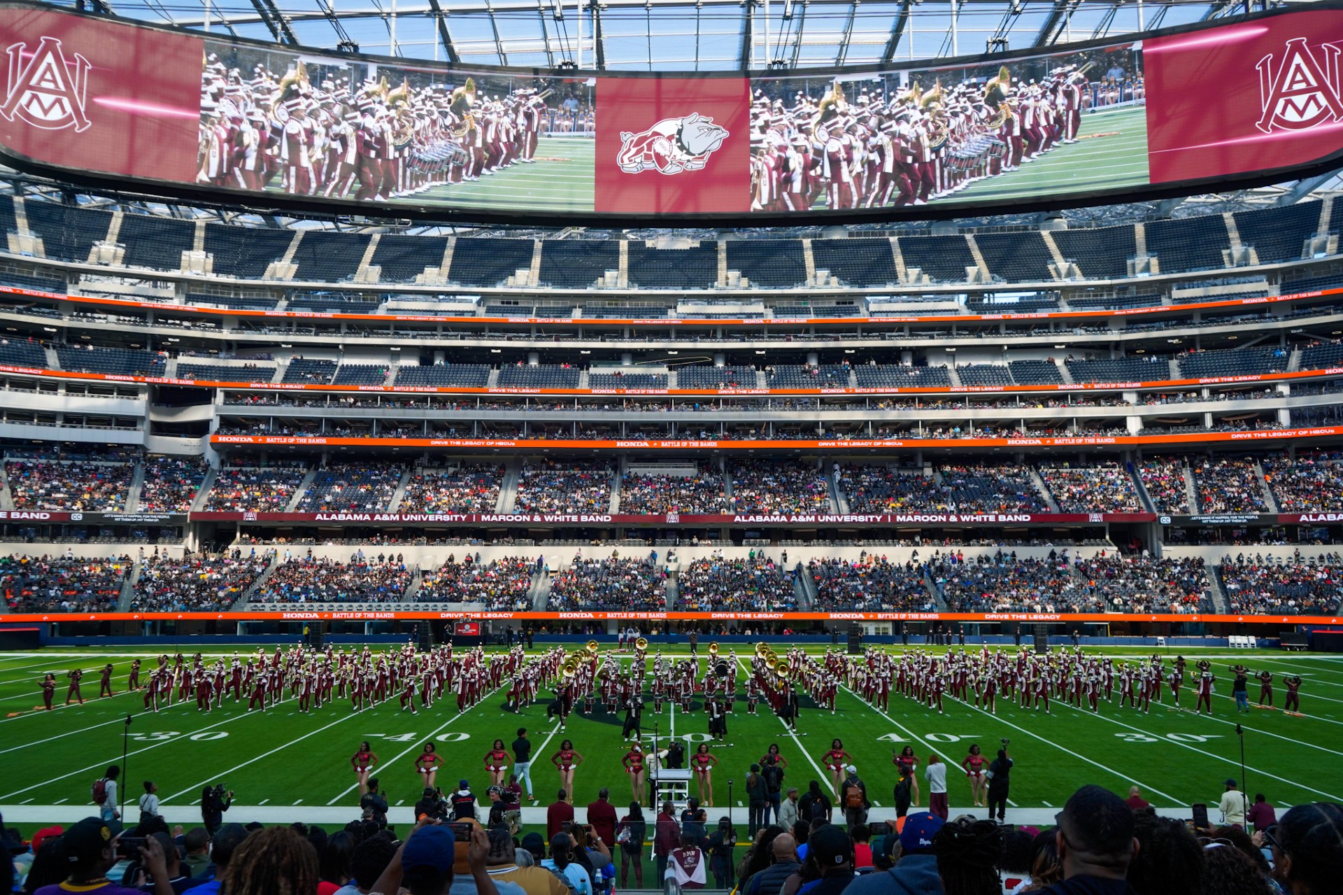 AAMU MMW Lined up on the center of SoFi Stadium in California to perform in the 2025 Honda Battle of the Bands