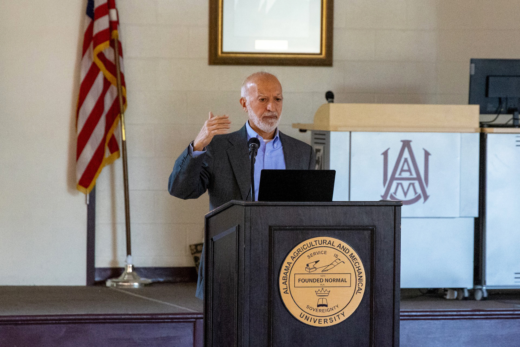 Dr. Kaveh Heidary presents research at AAMU's inaugural meeting with representatives from U.S. Space Command