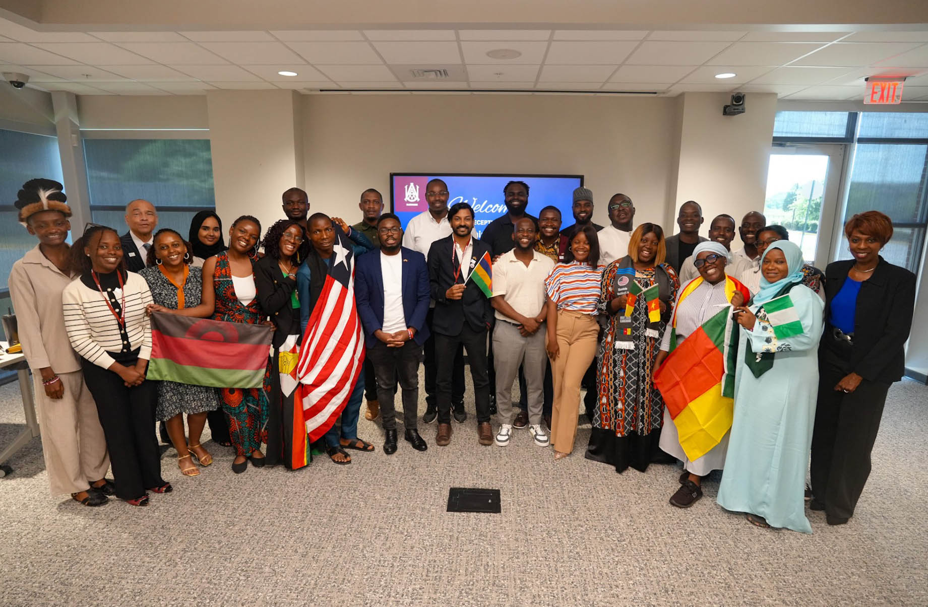 2025 Mandela Washington Fellows pose for a group photo at the welcome luncheon at the AAMU Welcome Center