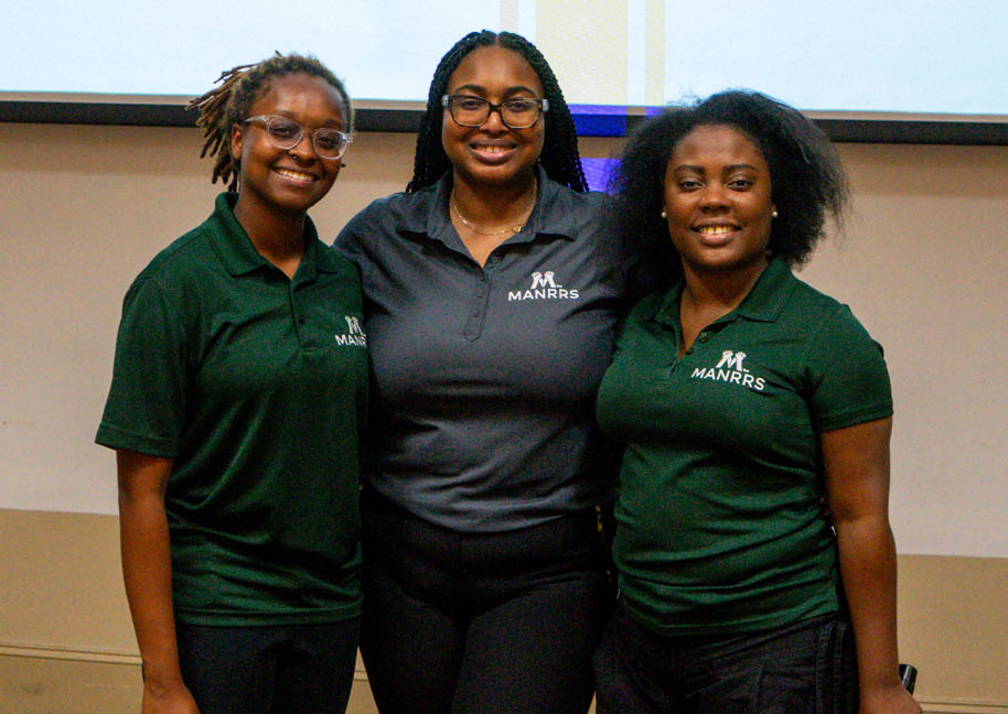 From left, Taylor-Nicole Tate, Ruth Fennell and Karyn Rose, AAMU’s 2026-27 MANRRS National Executive Committee members, at the AAMU Agricultural Research Center.