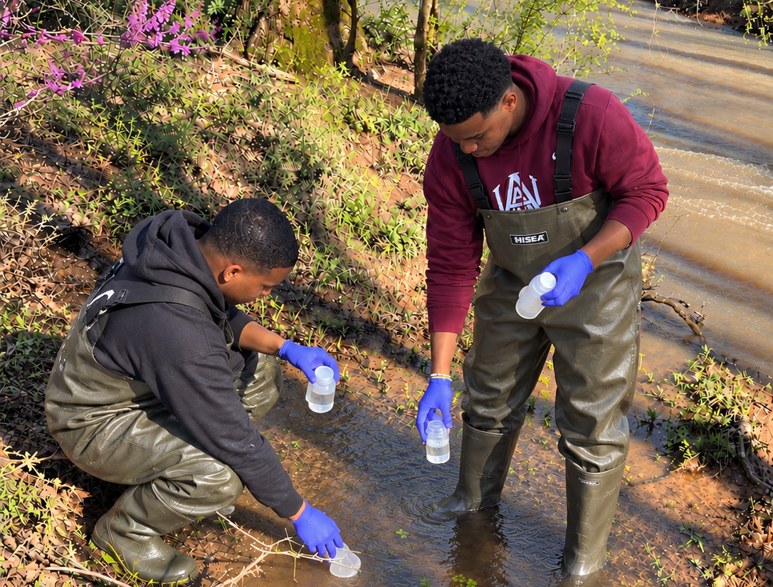From left, AAMU students Keyshawn Johnson and Jalen Whisenhunt collect water samples in the Indian Creek Watershed for Environmental Microbiology Laboratory research on E. coli and PFAS. Both have since graduated. Johnson works at Land O’Lakes, while Whisenhunt is pursuing a master’s degree at AAMU.
