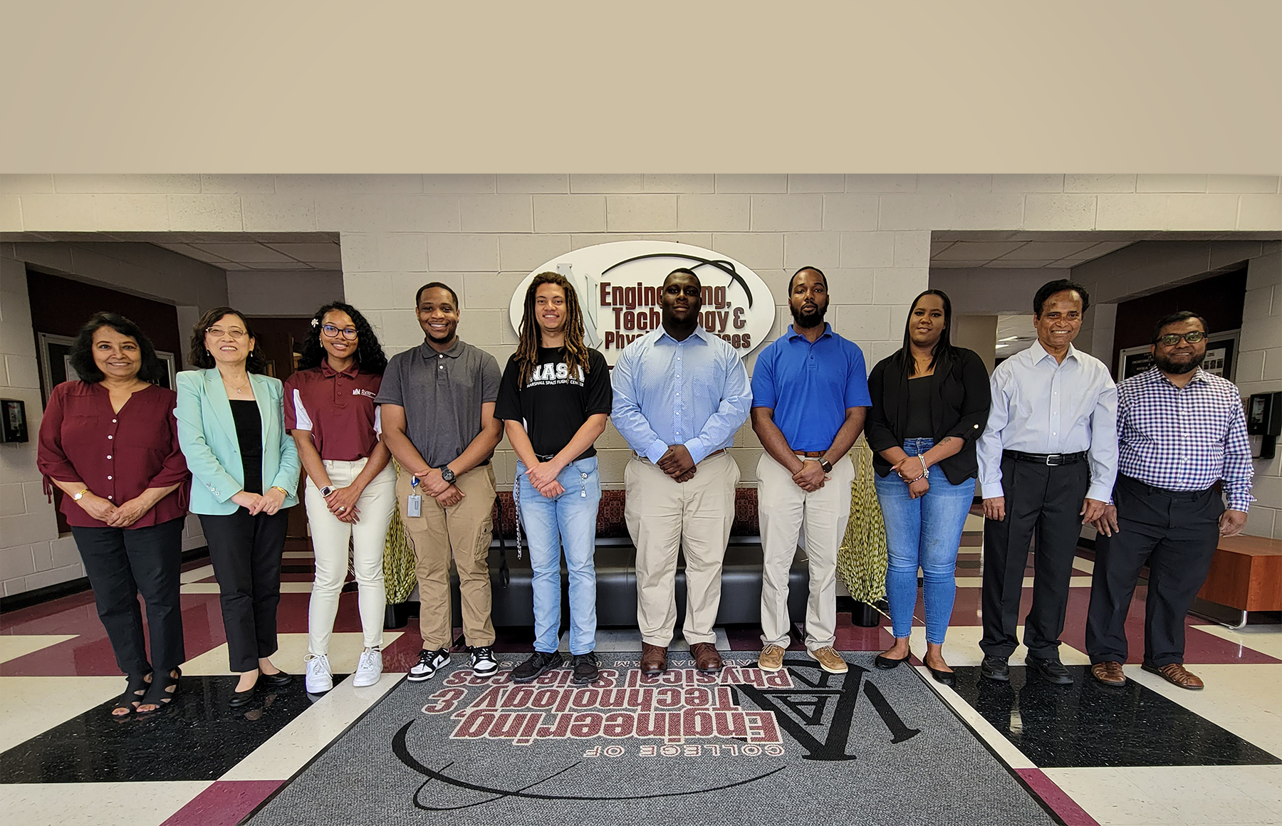 In the above photo, from left to right: Prof. Tamara Chowdhury (Co-PI), Dr. Xiang Zhao (Co-PI), Anya Nelson (ME), Tavaris Beal (ME), Jordan Reynolds (ME), Niceson Ejem (ME), Jibrail Muhammad (ME), Monique Woodson (CS), Dr. Showkat Chowdhury (PI), and Dr. Salam Khan (Co-PI).