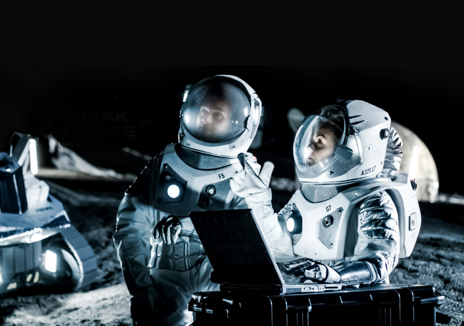 Graphic of Male and Female Astronauts on the Moon with NASA's Break the Ice Lunar Challenge Printed next to them