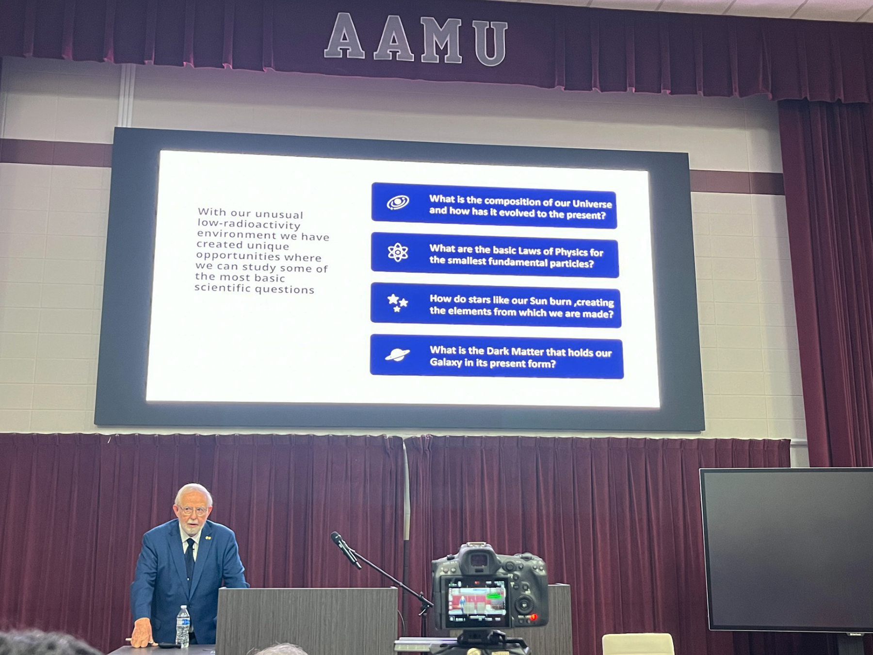 Dr. Arthur McDonald presents 2025 Putcha Venkateswarlu at AAMU's Dawson Auditorium