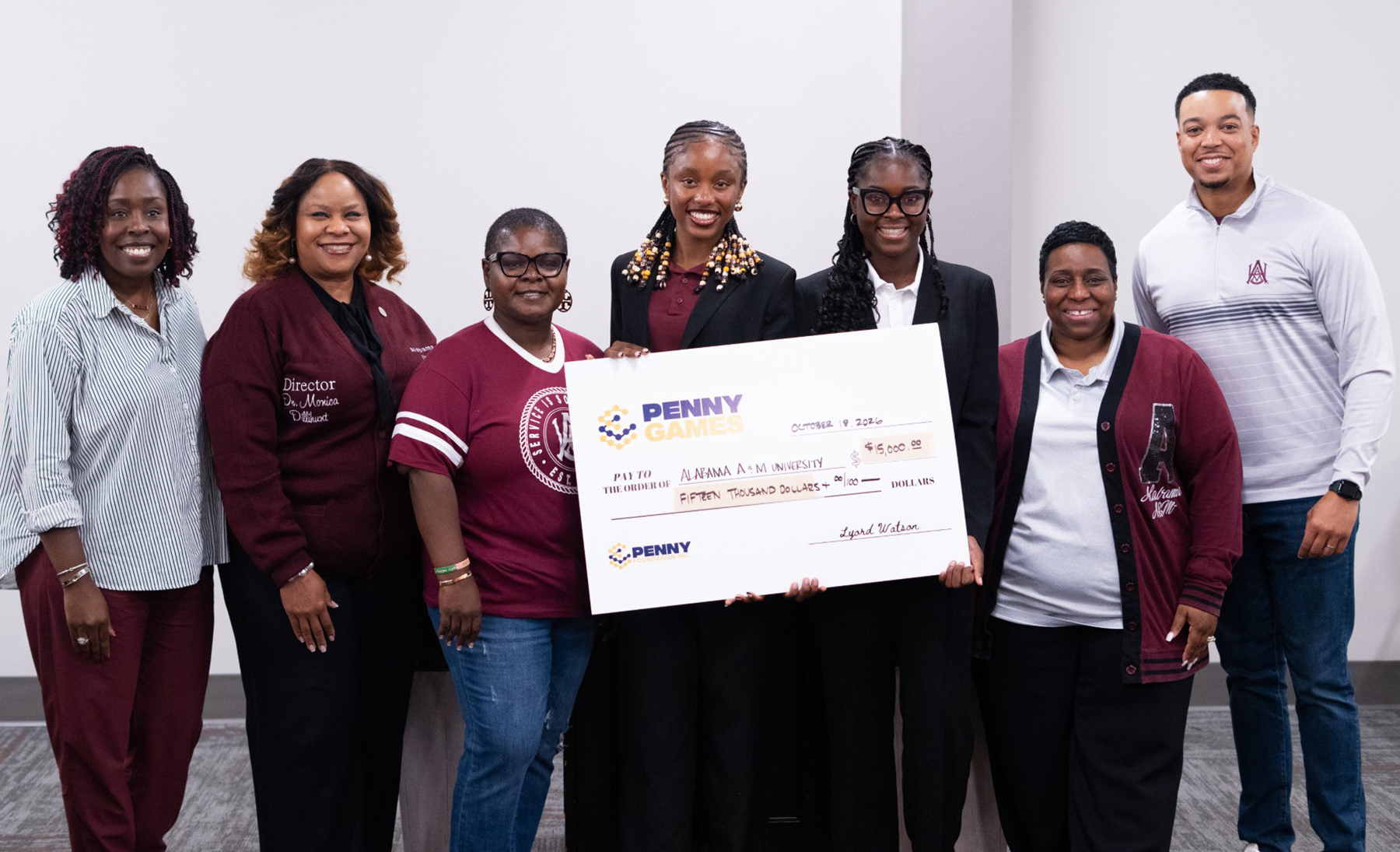 From left, Penny Foundation board member Martina Winston; Honors Program Director Dr. Monica L. Dillihunt; AAMU alumna and board member Kristy Stewart; Honors scholars Uchenna Justin and Jailah Richie; assistant director and coach Carla Holloway; and AAMU alumnus and board member Julian Grant.