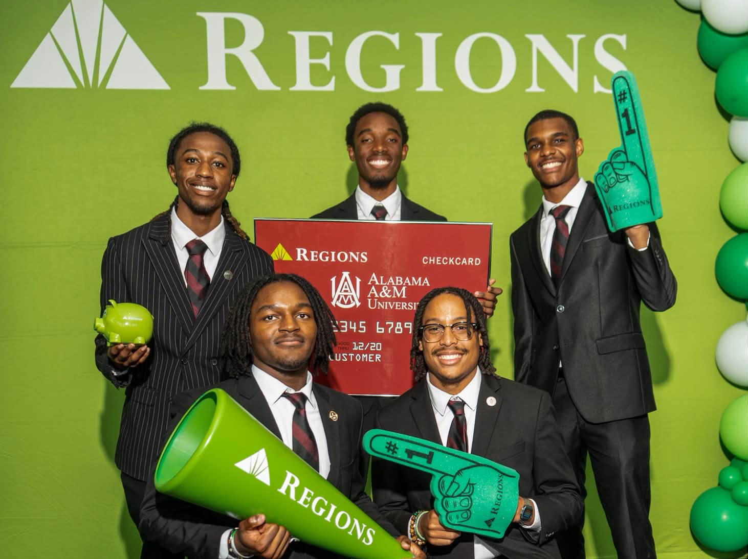 Members of Alabama A&M University’s winning Bulldog Boys team celebrate their victory at the Regions Bank of Ideas Competition in Birmingham. The five-member team developed an app concept combining artificial intelligence, financial literacy and interactive tools to help young adults manage their finances.