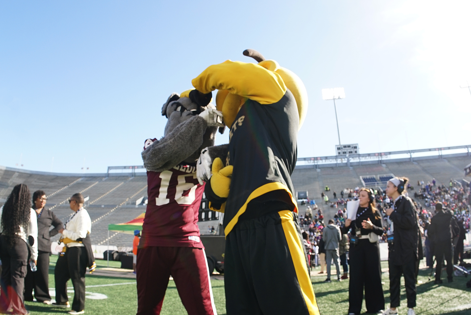 Alabama A&M University’s Butch the Bulldog and Alabama State University’s Hornet mascot share a moment during the 2025 Magic City Classic in Birmingham. The annual rivalry extends beyond the football field as students from both universities prepare to compete in Regions Bank’s second annual Bank of Ideas Challenge on Oct. 26.