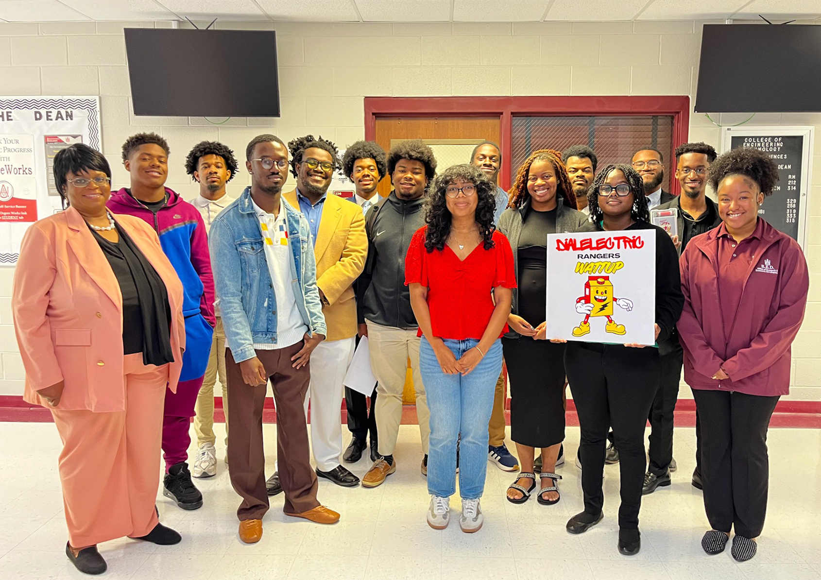Dr. Quianna S. Johnson stands with 14 of her students who took part in AAMU's first "Shark Tank" physics competition