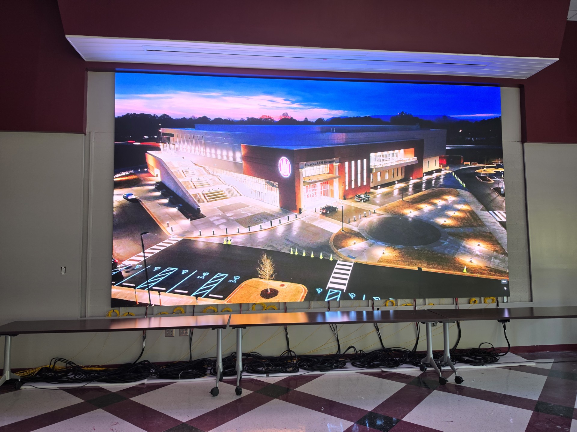 Alabama A&M University’s new AI-enabled micro-LED display showcases an aerial view of the University’s Event Center.