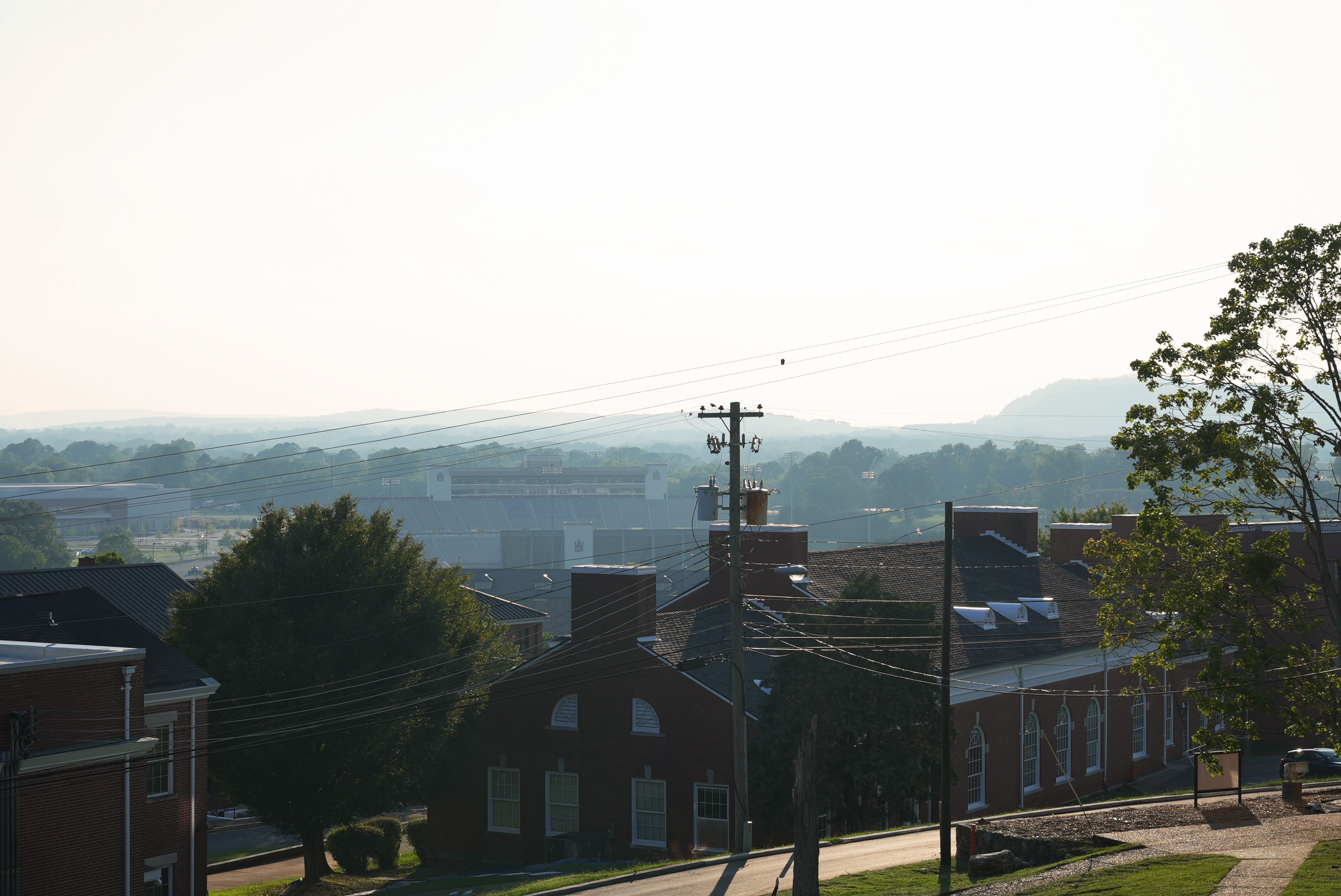 Alabama A&M's campus, with mountains in the background, from high atop The Hill.