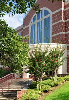 Entrance to the Drake LRC, with trees in bloom