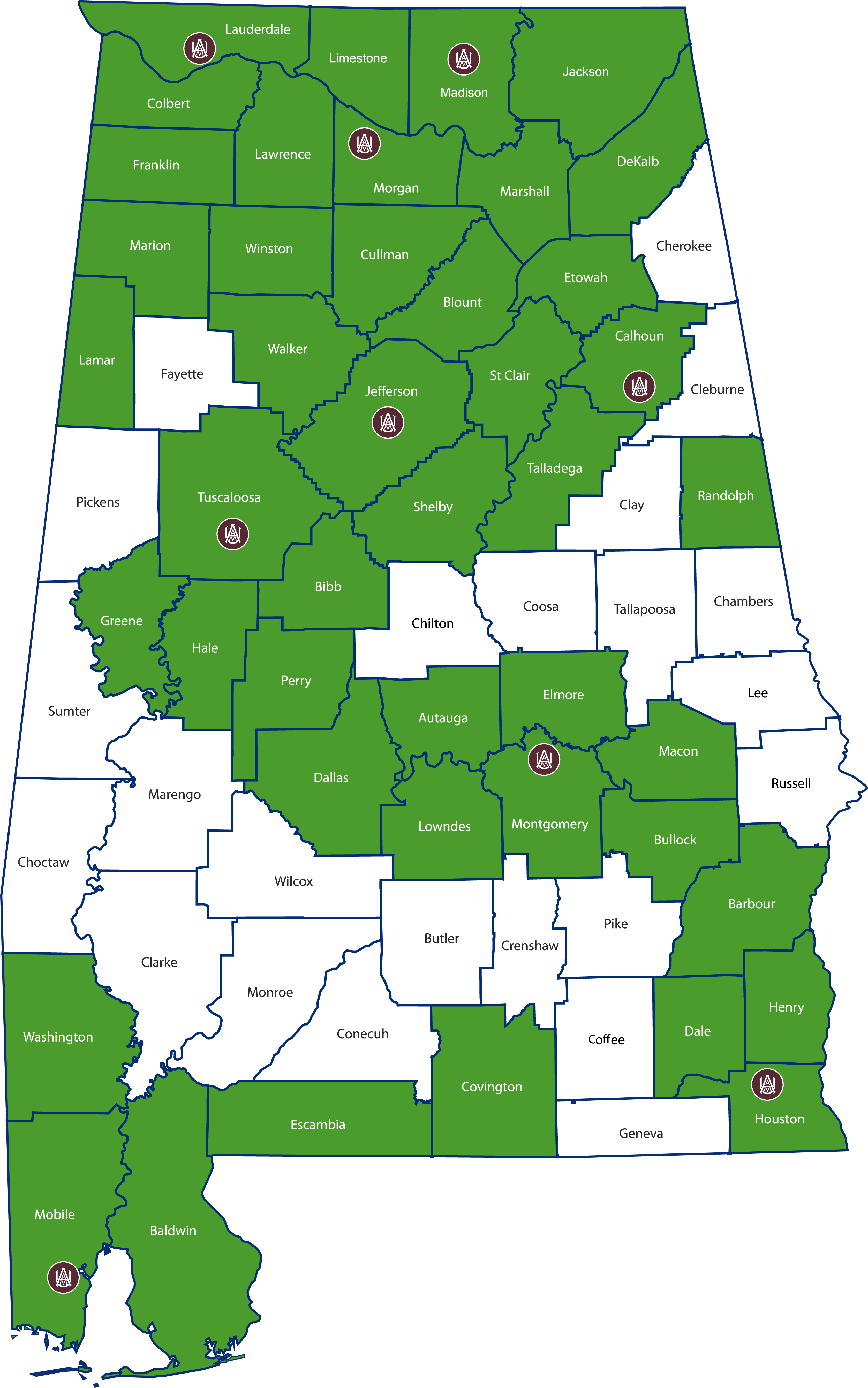 Map of Alabama with nine Urban centers identified