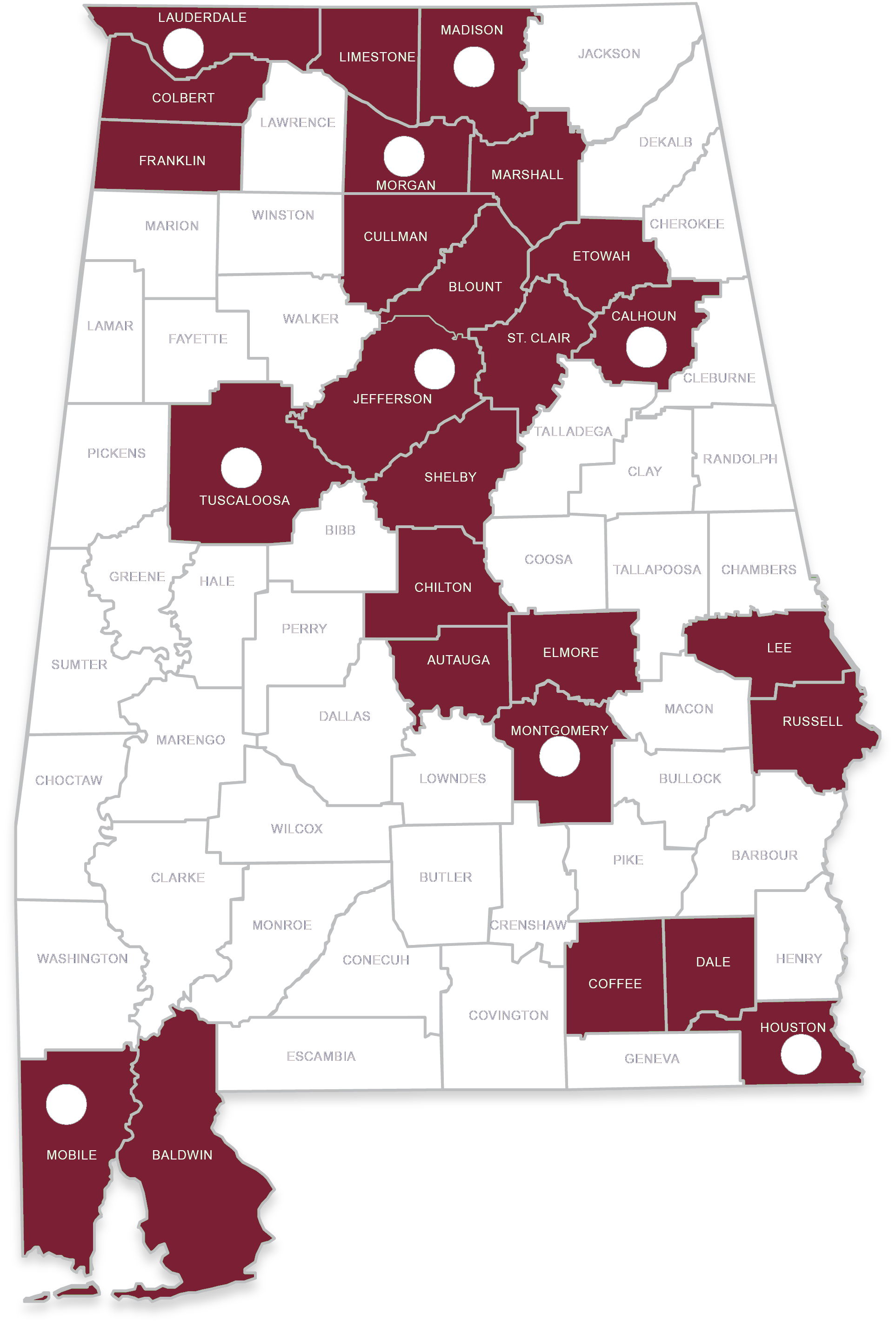 Map of Alabama with nine Urban centers identified