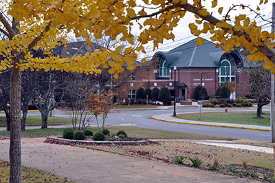 The Office of the President and School of Business buildings are seen amid autumn trees