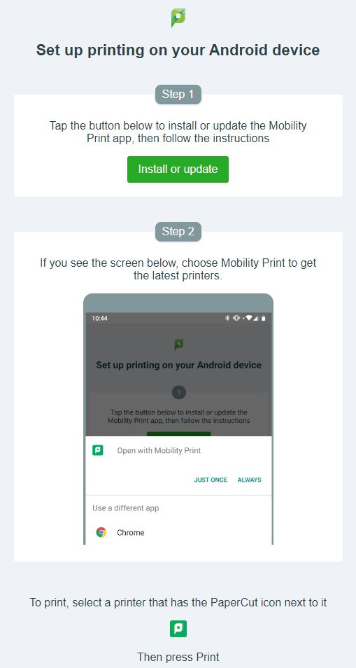 Screenshot of how to install the Web Print Client for Android