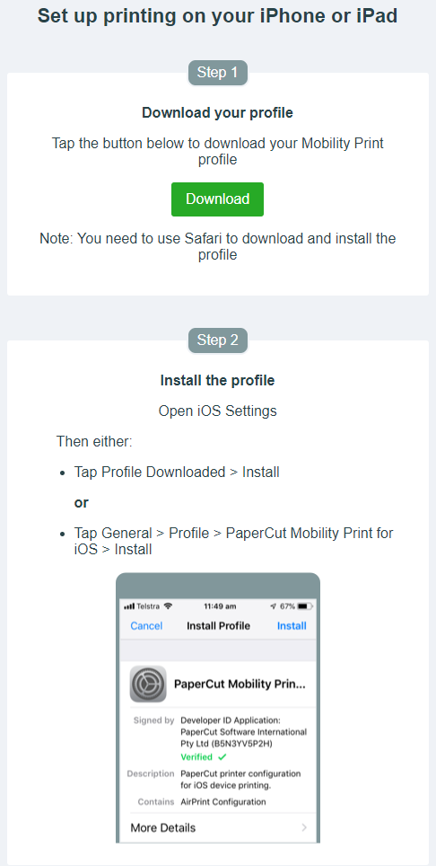 Screenshot of how to install the Web Print Client for iOS
