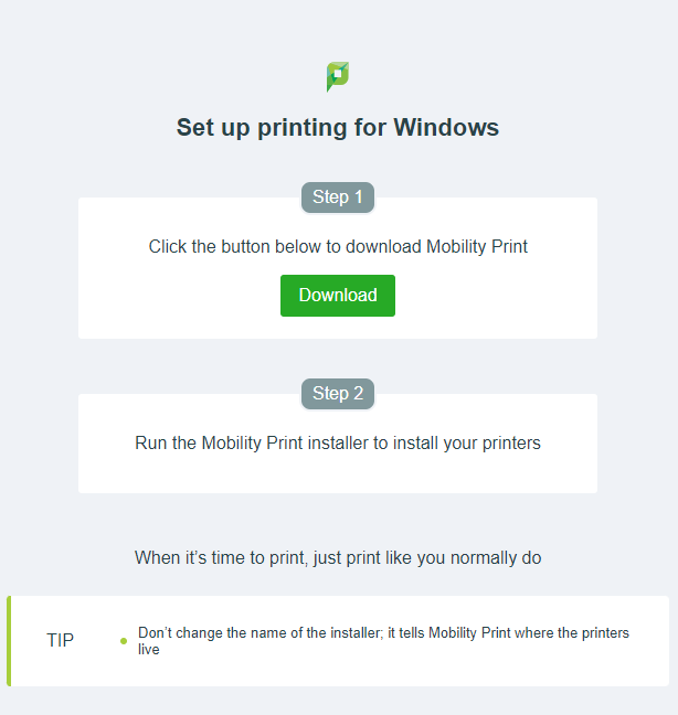 Screenshot of how to install the Web Print Client for Windows