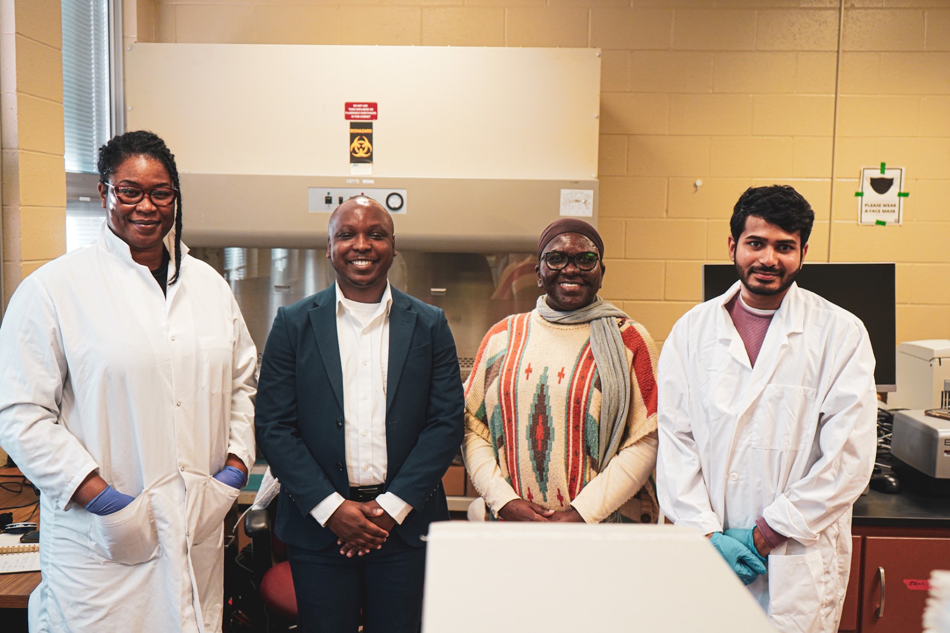Ph.D. Food Science Candidate Mariam Yakubu; Ph.D. Food Science Candidate Nathanial Ogunkunle; Acaedmic Advisor and Food and Animal Sciences Professor Dr. Judith Boateng; and  Ph.D. Food Science Candidate Busarap Manideep