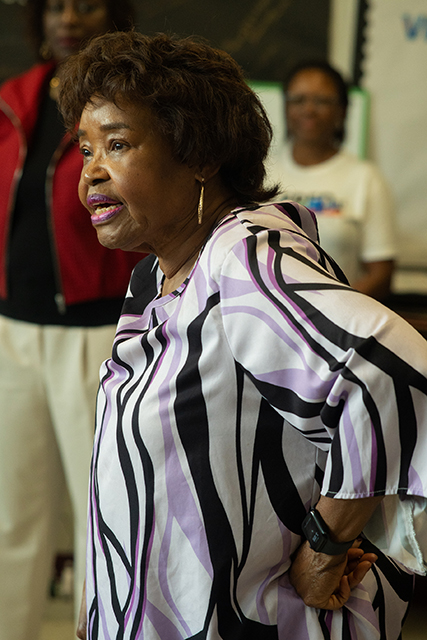 Alabama A&M University alumna and Alfred Street Baptist Church Deacon Alma Haygood speaks during the church’s visit to the Bulldog Market. Haygood graduated from AAMU in 1978.
