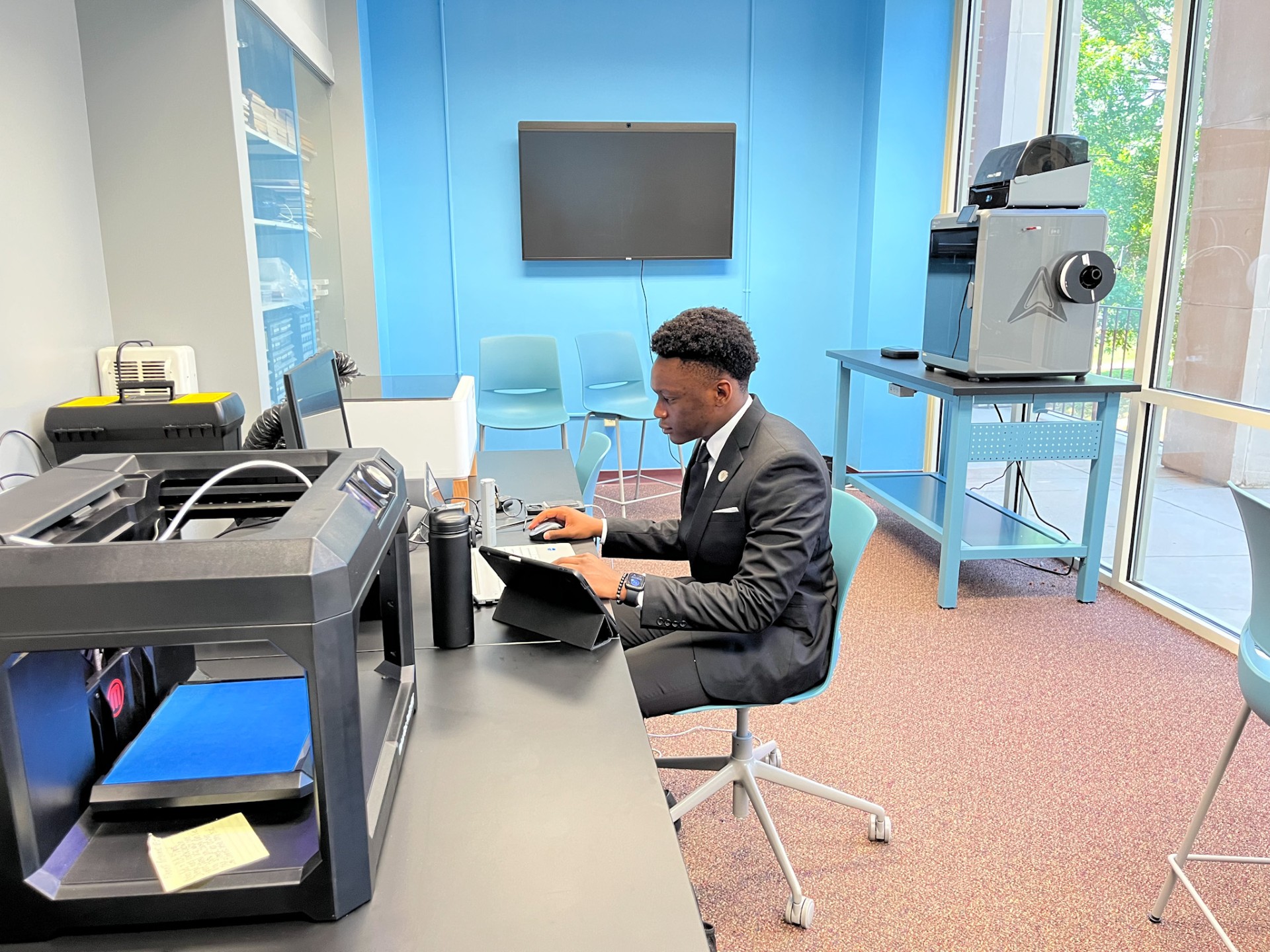 Mubanga works in AAMU’s Makerspace Lab, where he assists students with 3D printing and fabrication tools.