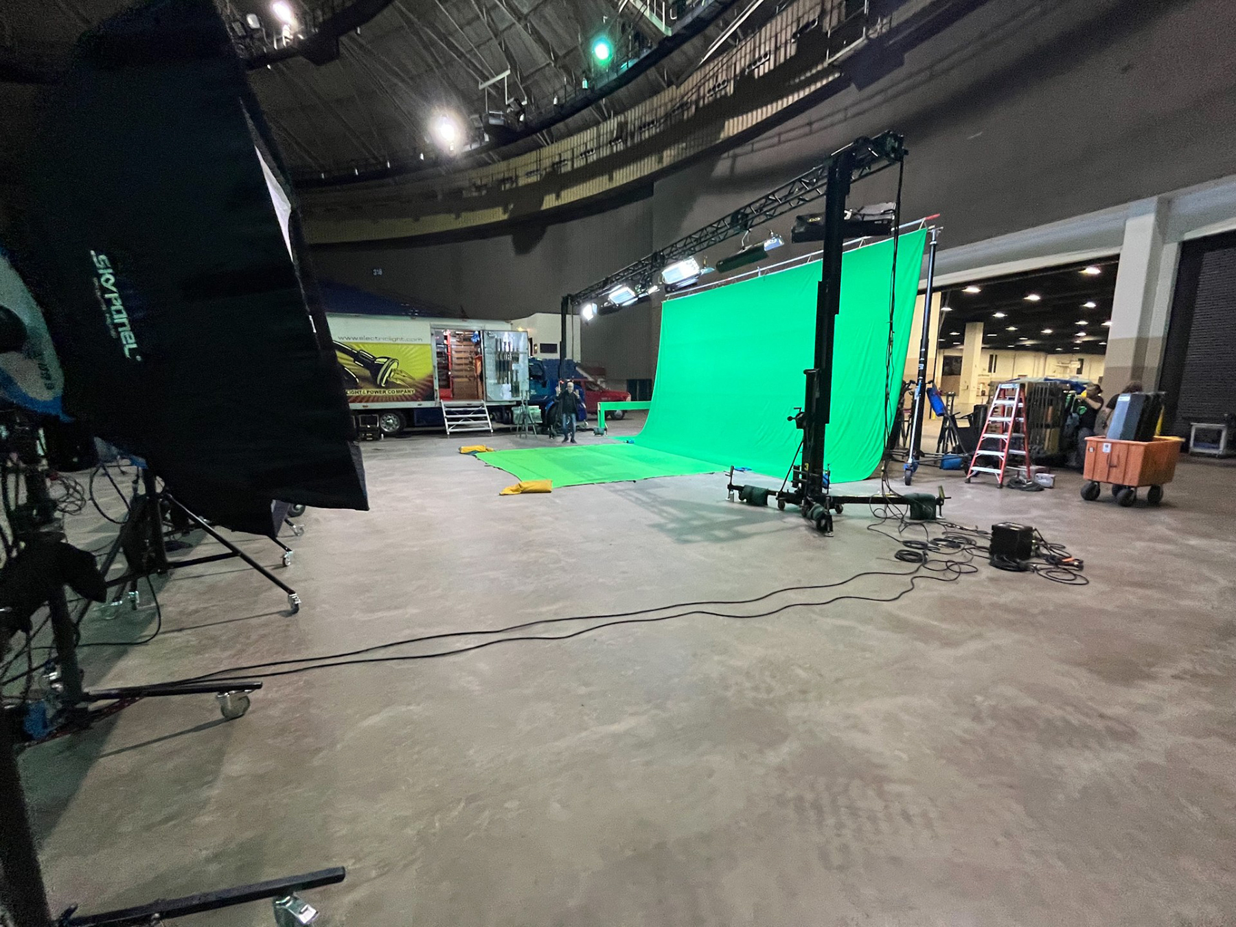 Green screen in a studio for a production shoot Brown worked as a Key, PA on