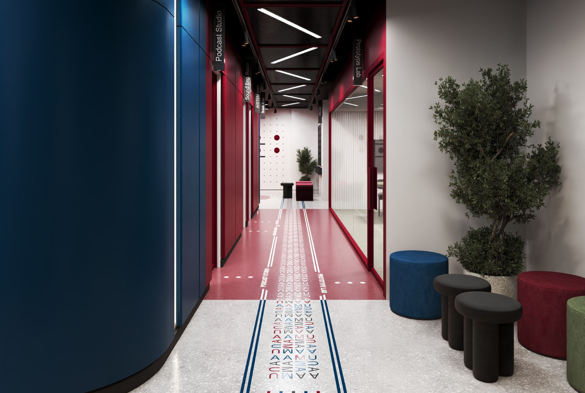 Rendering of AAMU Venture Hub hallway with offices on each side 