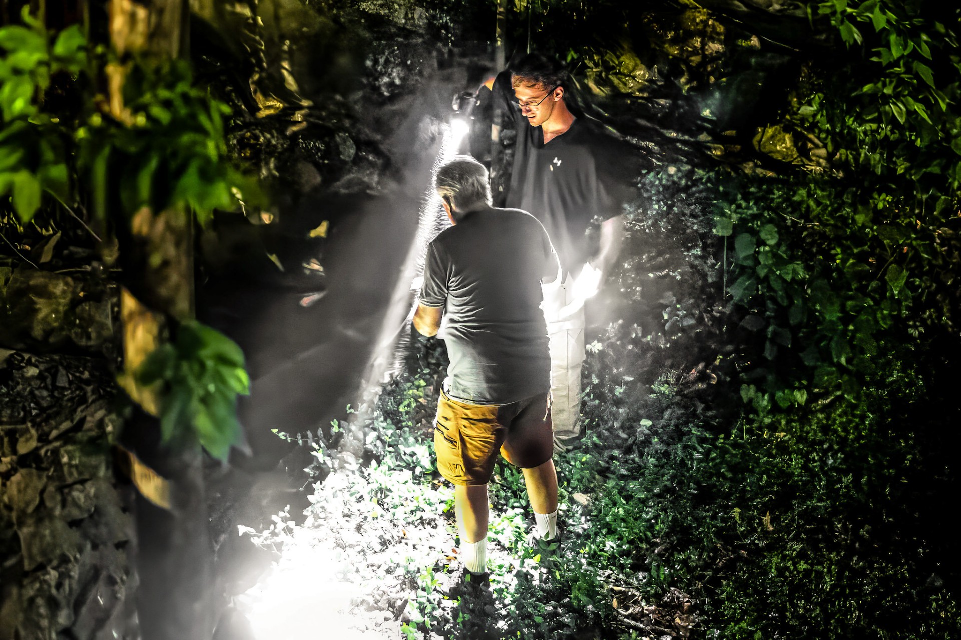 Dr. Stone and fellow bat researcher holding a flash light at night at Alabama Bat Blitz