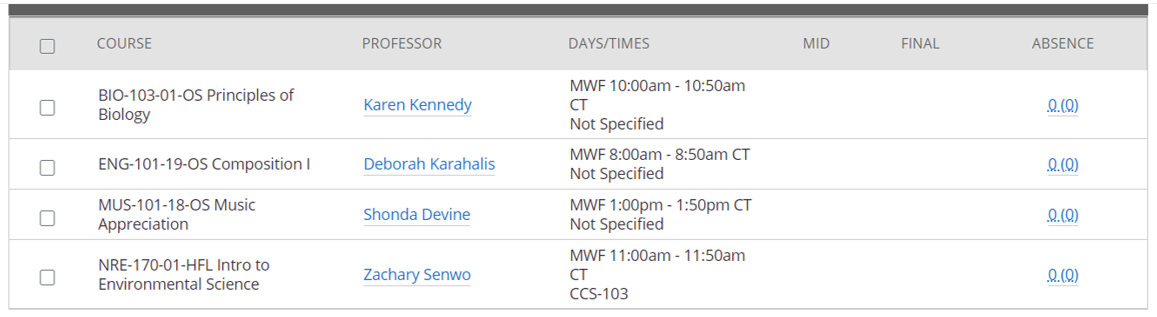 Screenshot of Navigate Course Schedule