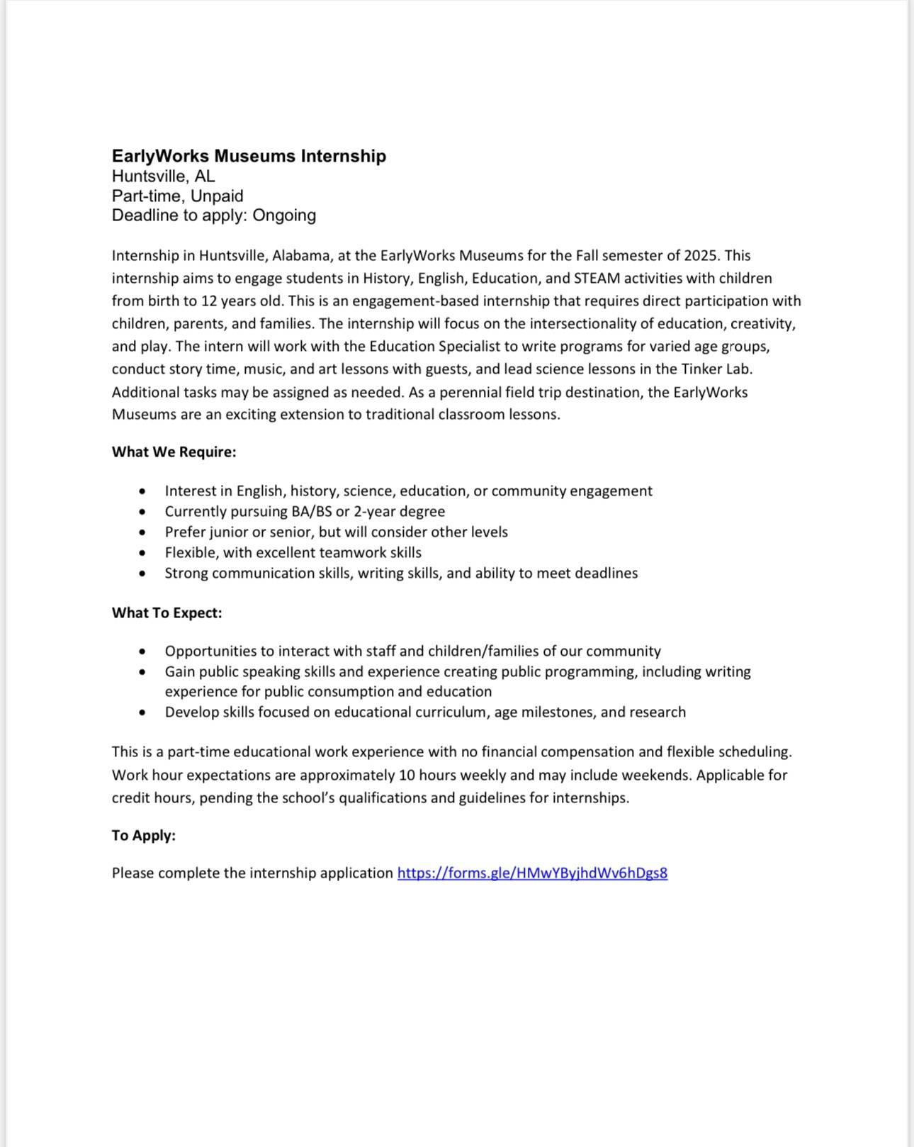 Flyer for Internship with Earlyworks Museum