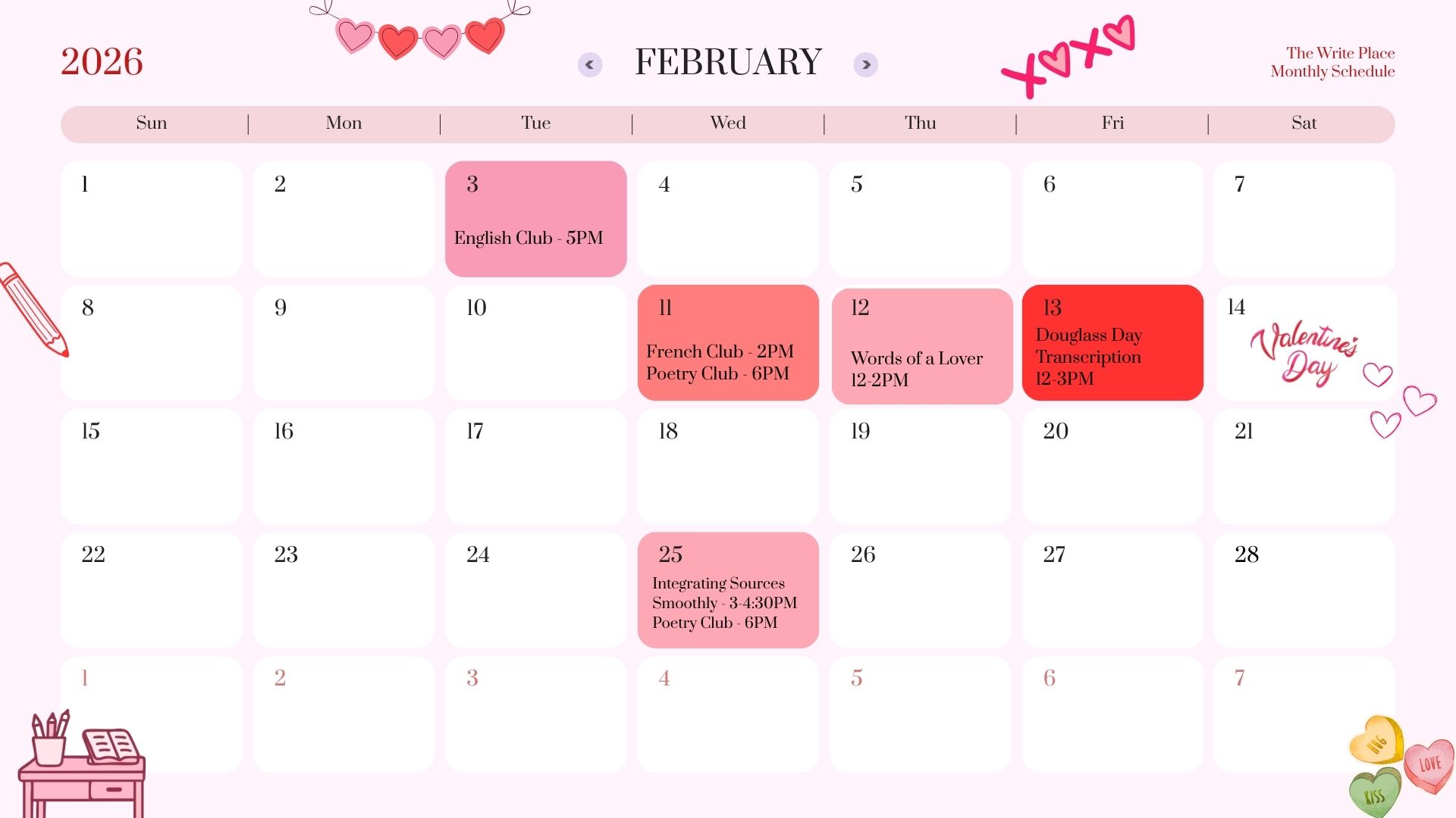 Calendar describing what is happening in the Writing Center for February