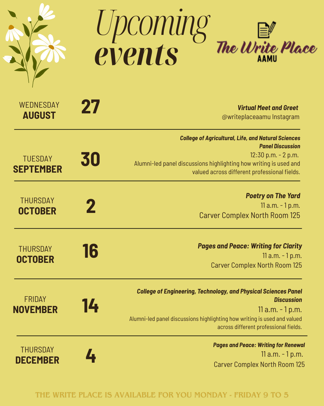 List of events for the Fall semester