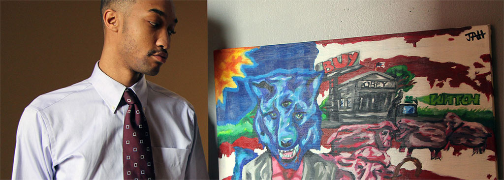 A CoEHBS student looks at a painting in a gallery depicting a three-eyed wolf-man against a U.S. flag-like background.