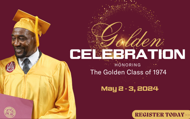 The Golden Celebration Registration banner with a Golden Alum wearing a Golden Cap and Gown holding Golden Certificate.