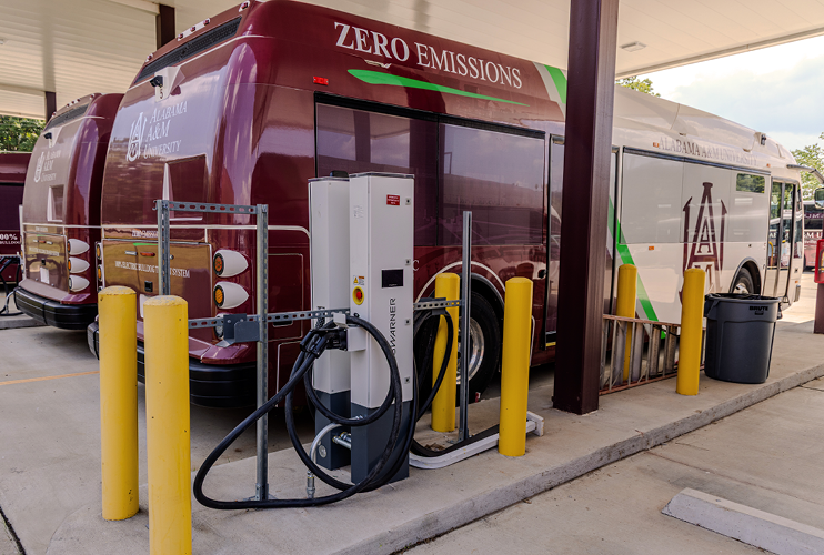 AAMU Bulldog Transit System bus charging in the station.